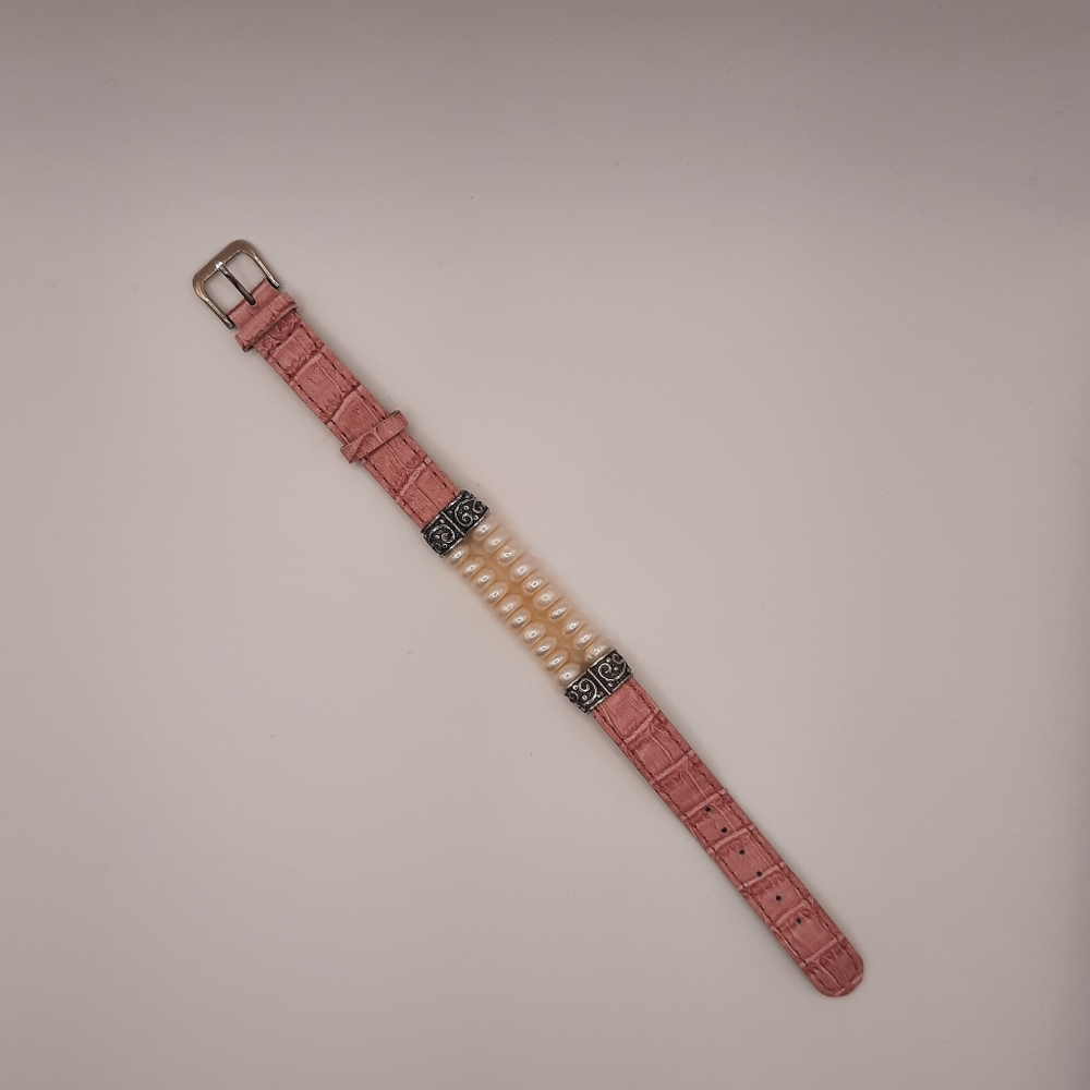 Cultured pearl, Sterling, and Pink Leather Bracelet